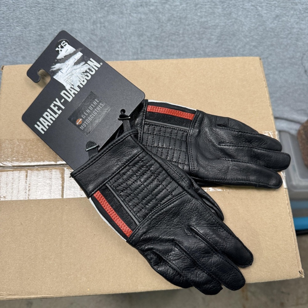 Harley-Davidson South Shore Leather Gloves Womens XS Black Red Biker‎ NEW